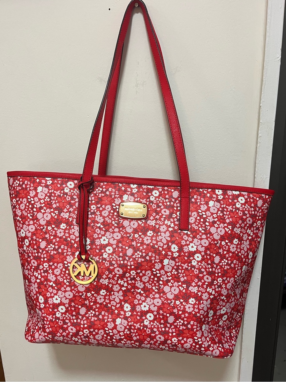 Michael Kors Red Floral Print Tote with Gold Accents, EUC